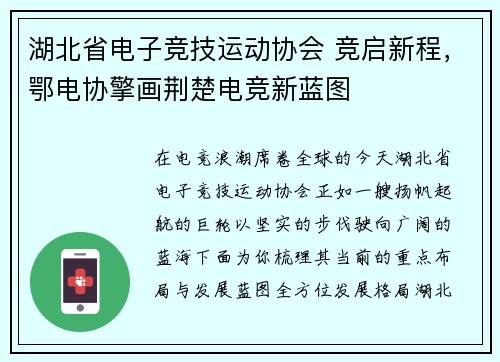 湖北省电子竞技运动协会 竞启新程，鄂电协擎画荆楚电竞新蓝图